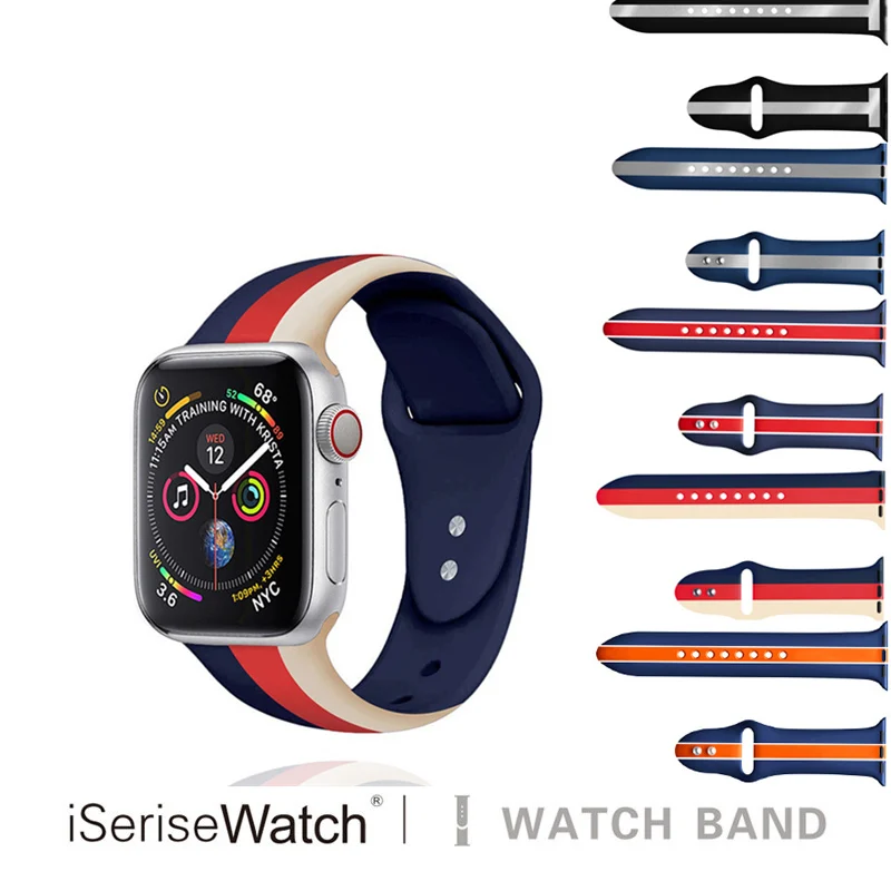 Soft Silicone Stripe Sport bracelet Strap For Apple Watch band 44/40/42/38mm Compatible for iWatch series 4 3 2 1 band Accessory 
Soft Silicone Stripe Sport bracelet Strap For Apple Watch band 44/40/42/38mm Compatible for iWatch series 4 3 2 1 band Accessory