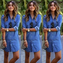 2019 Mulheres Blusa Outono Solta Cor Sólida Denim Lapela Shien Férias Mini Vestido Blusa Longa Camisa de Manga Longa Das Mulheres Mais tamanho(China)