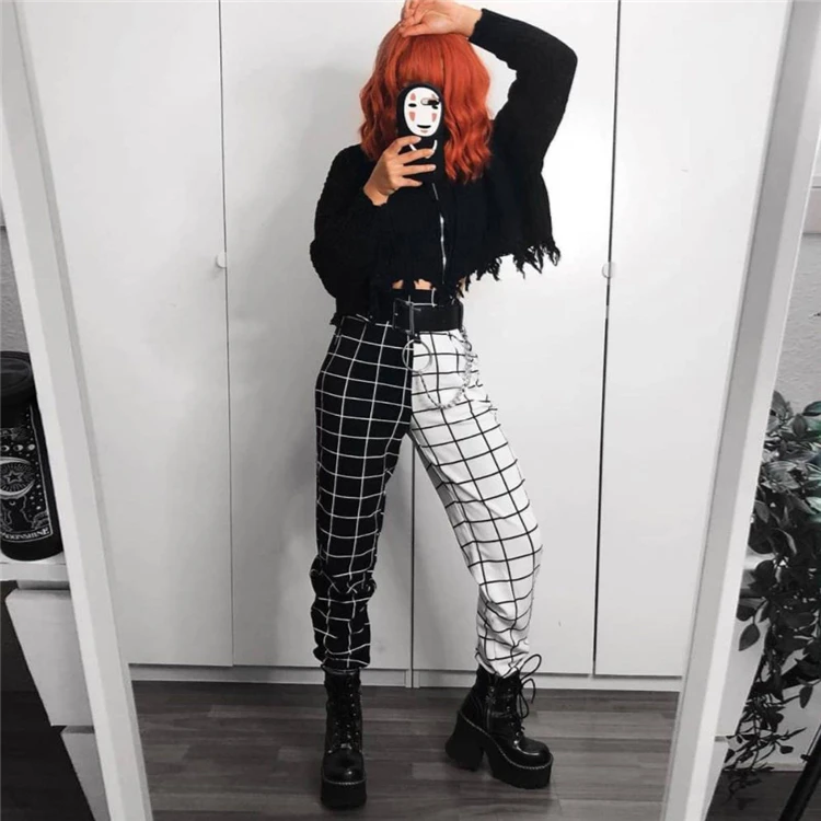 2020 Hipster Black White Plaid Patchwork Harem Pants Female Hip-hop Street Dance Pants Casual Harajuku Korean Straight Trouser2.jpg