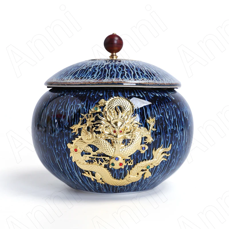 

Creativity Kiln Change Process Tea Organizer Chinese Vintage Relief Gold Silver Dragon Pattern Tianmu Glaze Tea Storage Tin Cans