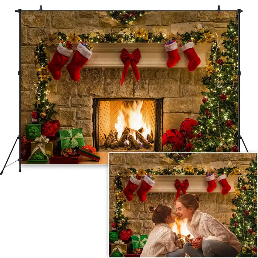 christmas photo background christmas tree brick wall fireplace