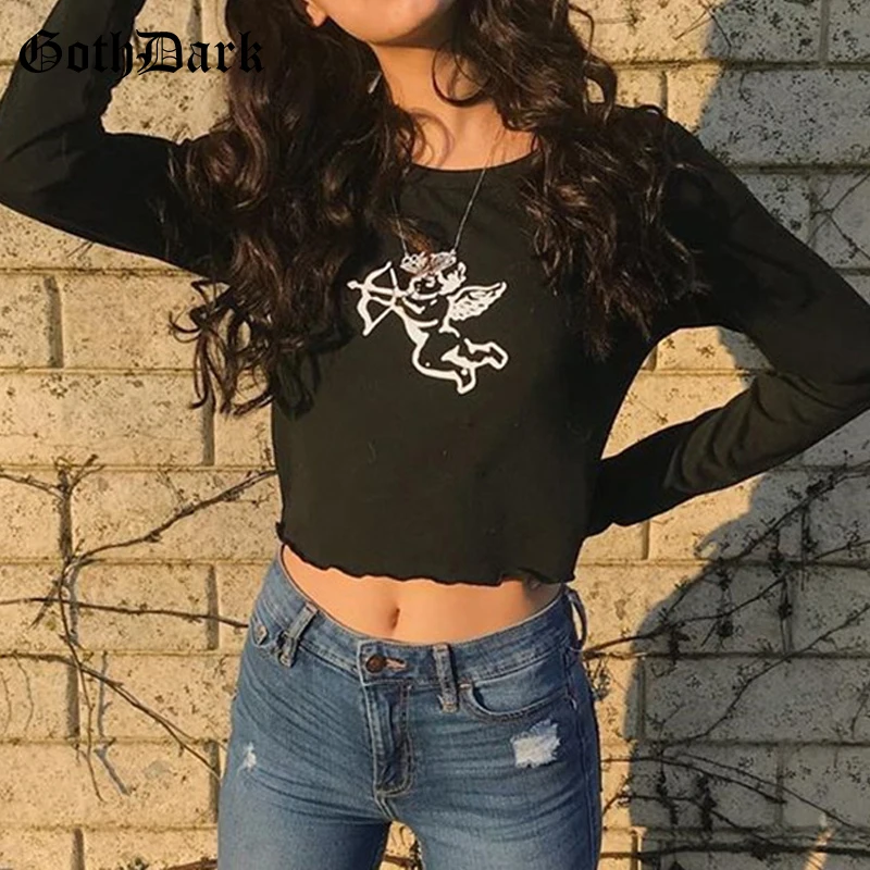 Goth Dark Angel Graphic Printing Gothic T-shirts Punk Style Black Long Sleeve Slim Ruffles Hem Crop Tops Women Autumn Casual Tee
Goth Dark Angel Graphic Printing Gothic T-shirts Punk Style Black Long Sleeve Slim Ruffles Hem Crop Tops Women Autumn Casual Tee