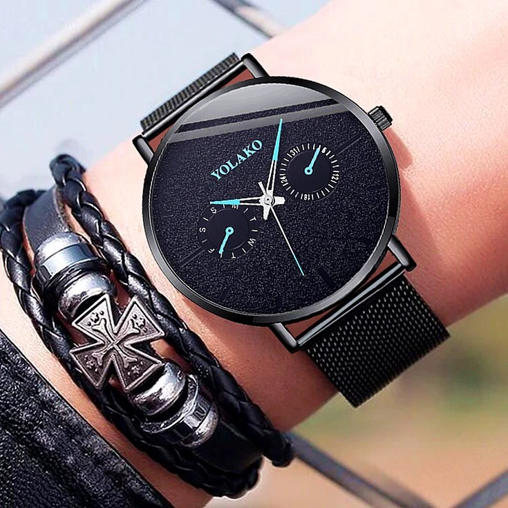 Фото Мужские черные деловые часы с сетчатым ремешком из нержавеющей стали роскошные
