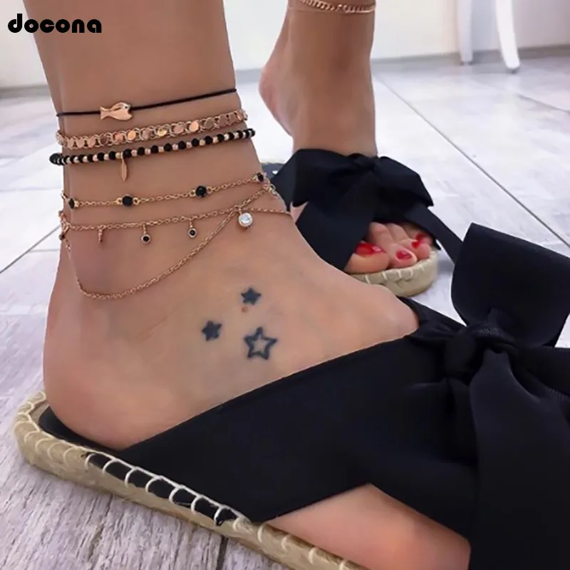 

Docona Boho Fish Black Beaded Chains Multilayer Anklet Set for Women Metal Adjustable Anklets Bracelet Foot Chain 8540