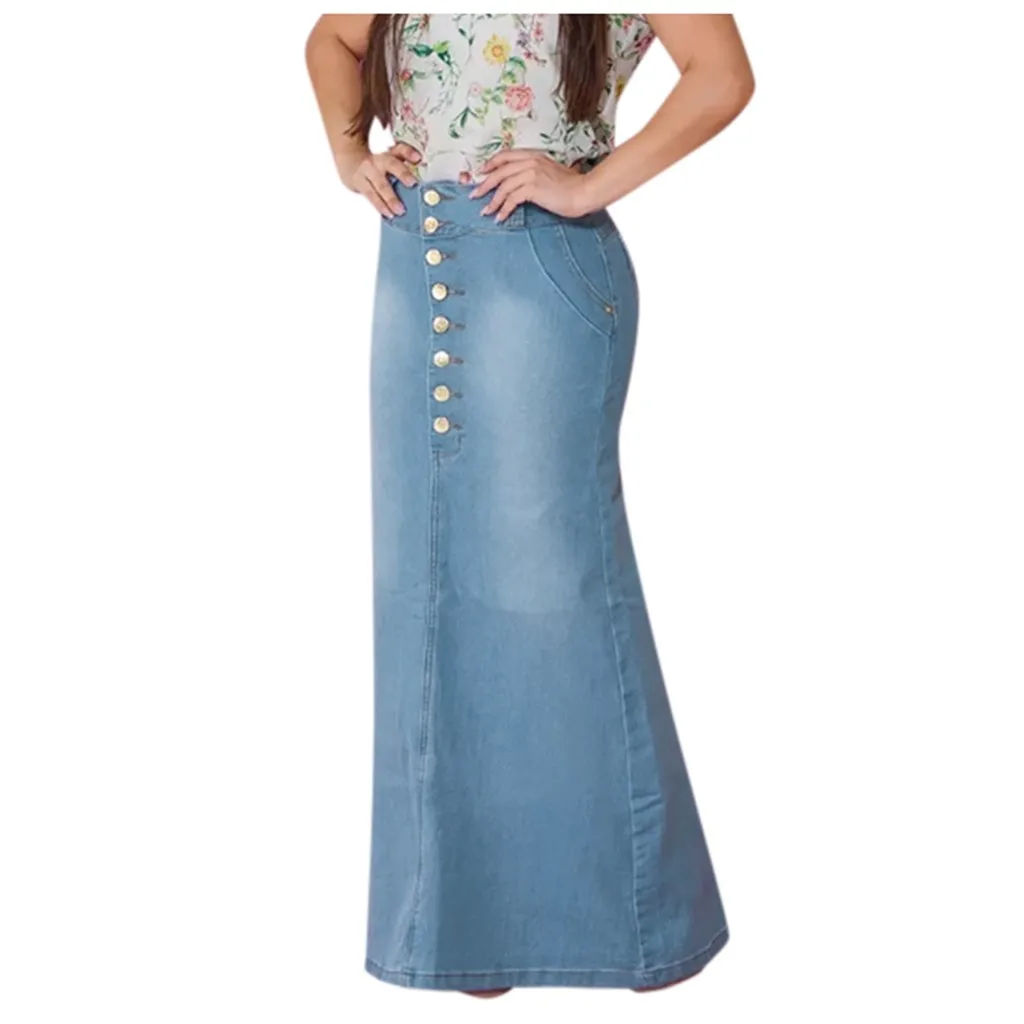 Женская джинсовая юбка макси с разрезом повседневная трапециевидная из денима