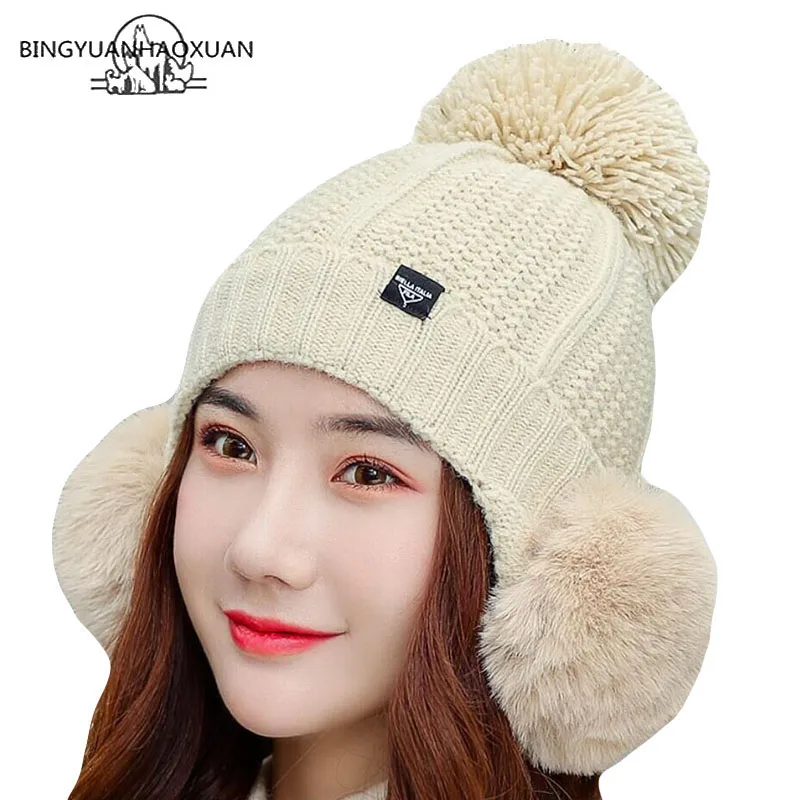 Фото Winter Hats For Women Beanies Pompom Hat Berets Fashion Women's Knitted Fur With Flaps Cap Thicker Earflap | Аксессуары для