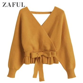 

ZAFUL Plunging Batwing Sleeve Peplum Belted Sweater Deep V Tie Sweater Low Cut Sweater Loose Solid Sashes Women Pullovers 2019