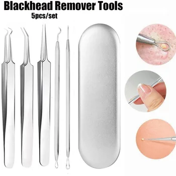 

5Pcs Blackhead Removal Extractor Pimple Vacum Comedone Acne Remover Needle Clip Tweezer Spots Cleaner Face Care Tools