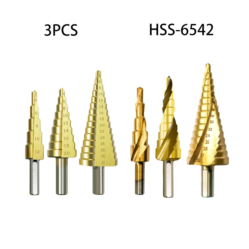 3pcs Titanium Coated Pagoda Shape Step Drill Bit Set 4 - 12 / 20 / 32mm HSS-6542 Cone Hole Cutter Steel Woodworking Drilling Set
3pcs Titanium Coated Pagoda Shape Step Drill Bit Set 4 - 12 / 20 / 32mm HSS-6542 Cone Hole Cutter Steel Woodworking Drilling Set