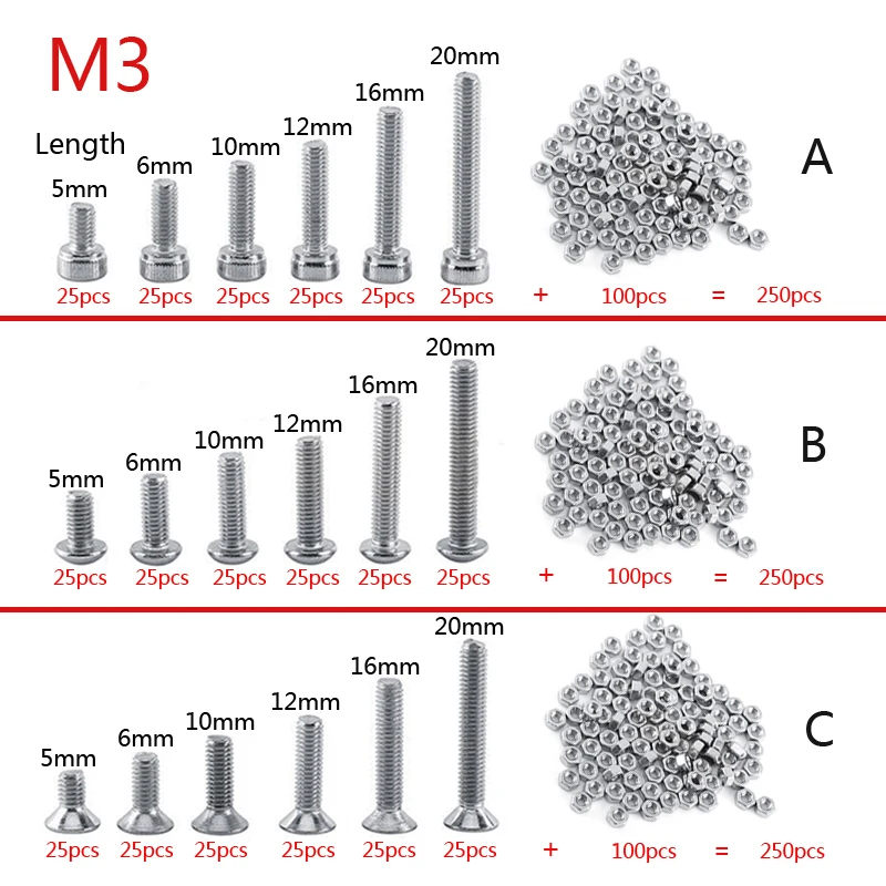 250pc/set A2 Stainless Steel M3 Cap/Button/Flat Head Screws Sets Hex Socket Bolt With Hex Nuts Assortment Kit Mayitr
250pc/set A2 Stainless Steel M3 Cap/Button/Flat Head Screws Sets Hex Socket Bolt With Hex Nuts Assortment Kit Mayitr
