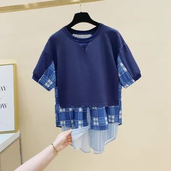 Striped Plaid Asymmetrical Patchwork Fake Two-Piece Short Design T-shirt Female 2020 Summer Loose O Neck Fashion Women Tops
Striped Plaid Asymmetrical Patchwork Fake Two-Piece Short Design T-shirt Female 2020 Summer Loose O Neck Fashion Women Tops