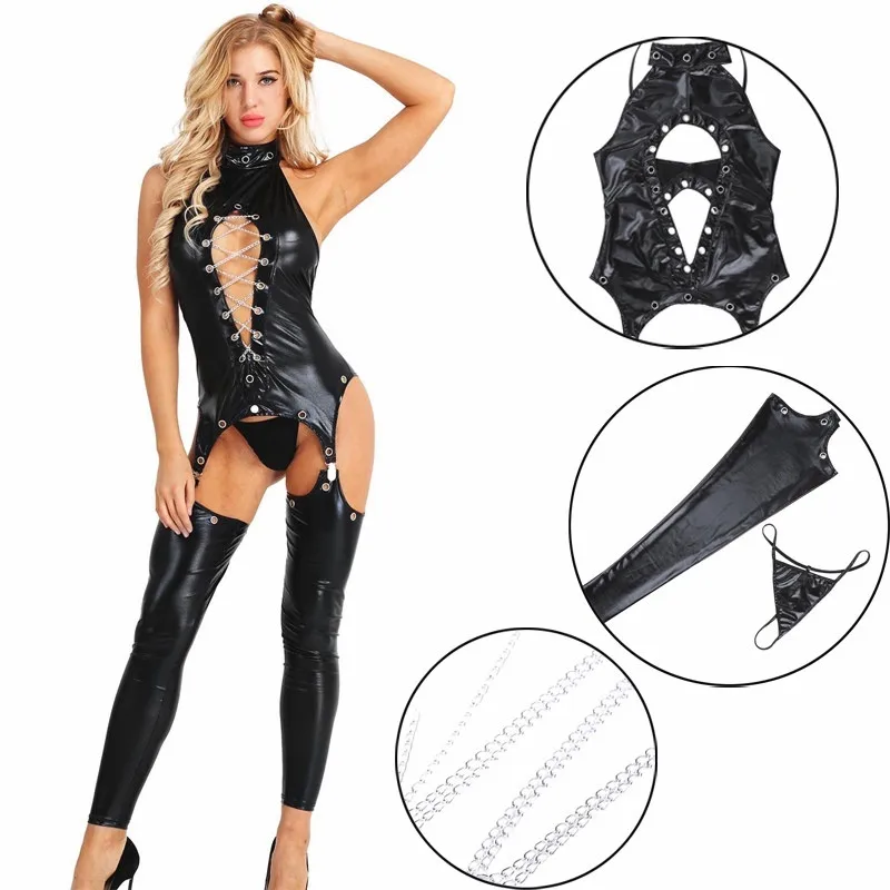 Women Wet Look Faux Leather Lingerie Set Turtleneck Cut Out Open Crotch Metal Chains G-string Bodysuit Catsuit Jumpsuit Clubwear
Women Wet Look Faux Leather Lingerie Set Turtleneck Cut Out Open Crotch Metal Chains G-string Bodysuit Catsuit Jumpsuit Clubwear