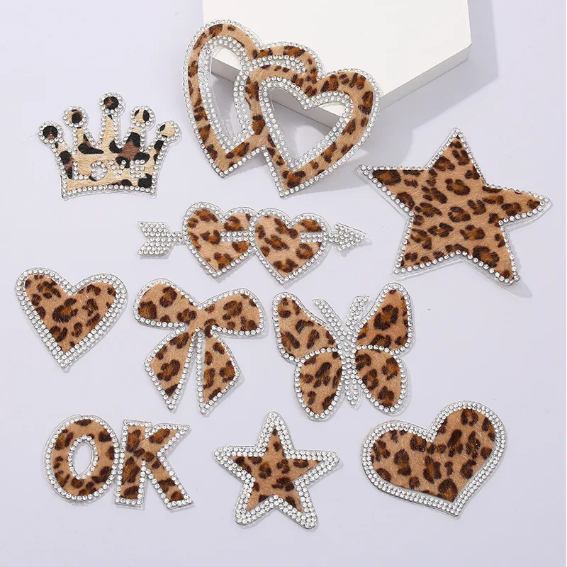 

10 Pcs Leopard Print Heart Star Letter Bow Sequin Applique Embroidered Patches for Clothing Hot Fix Butterfly Iron on Patch