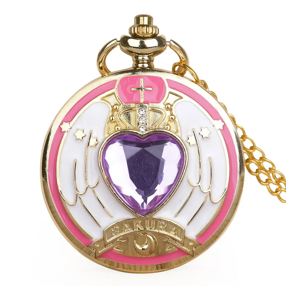 

New Arrival Quartz Pocket Watch Heart Shaped Lovely Gold Pendant sakura Animation Sailor Moon Cosplay Necklace with FOB Chain Pocket Watches for Child Boys Girls Gift Dropshipping