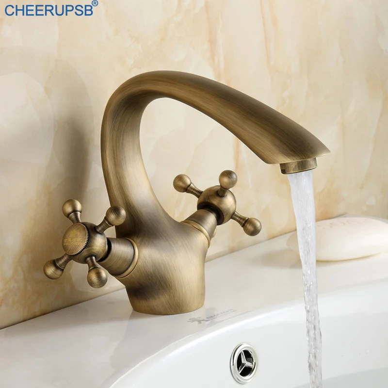 Llave De Agua Retro Wash Basin Faucet Antique Gold Hot Cold Water Mixer Tap Bathroom Brushed Brass Faucets Dual Bronze Sink Taps |