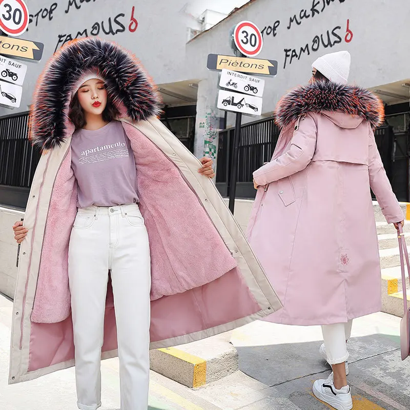 

2019 Women Long Jacket Feminine Coat Hood Lamb Hair Liner Detachable Plus Size Over Knee Fur Collar Winter Down Cotton Parka