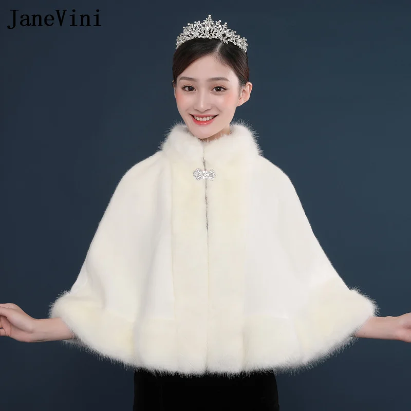 

JaneVini Ivory High Neck Faux Fur Bolero Winter Fur Coat Women Cape Bridal Party Shawl Shrug Cloak Bride Formal Wraps Stoles