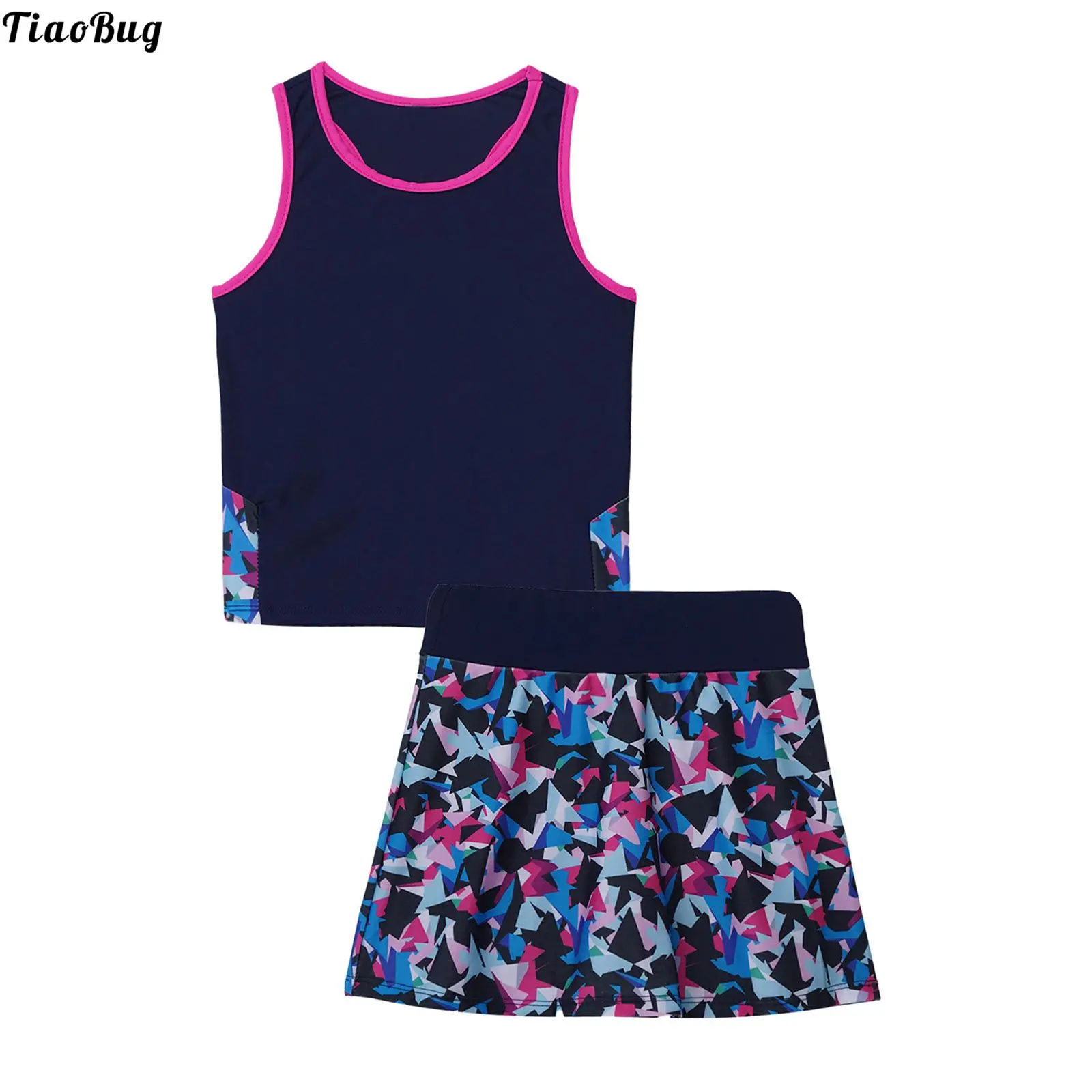 

TiaoBug 2Pcs Kids Girls Tennis Suit Round Neck Sleeveless Racer Back T-Shirt Top And Elastic Waist Skirt With Built-In Short Set