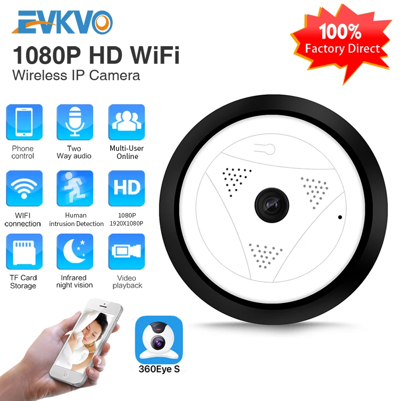 Панорамная камера EVKVO Fisheye VR с углом обзора 360 градусов HD 960P беспроводная Wi Fi для