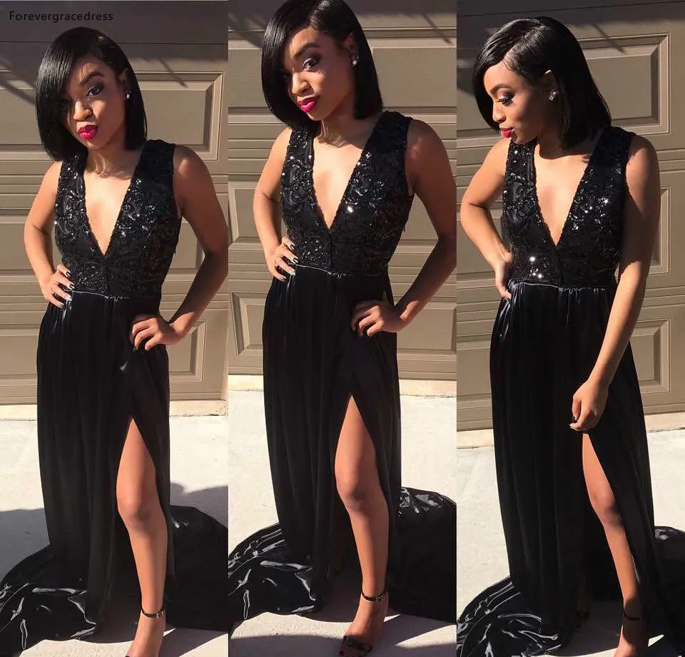 2019 Black Split Prom Dress Deep V- Neck Long Appliques Formal Pageant Holidays Wear Graduation Evening Party Gown Plus Size
2019 Black Split Prom Dress Deep V- Neck Long Appliques Formal Pageant Holidays Wear Graduation Evening Party Gown Plus Size