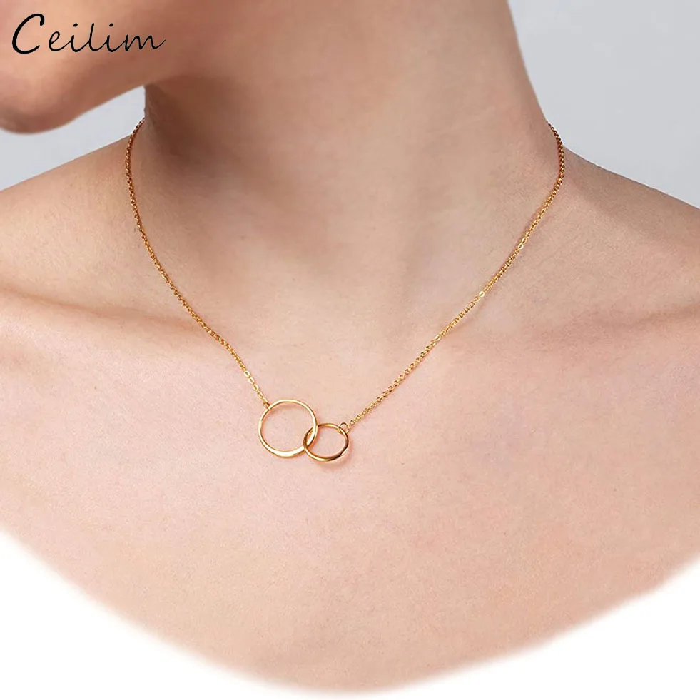 Fashion 2 Infinity Circles Round Pendant Sister Necklaces Simple Stainless Steel Chokers Women Clavicle Chain Statement Jewelry | Украшения