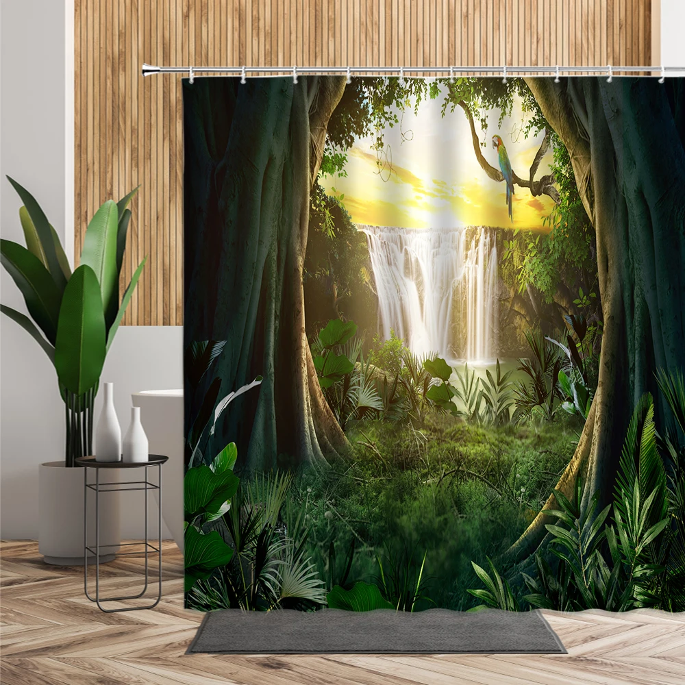 

Tropical Green Jungle Shower Curtain Waterfall Tree Bathroom Decor Set 3D Sunset Summer Scenery Bath Fabric Home Curtains