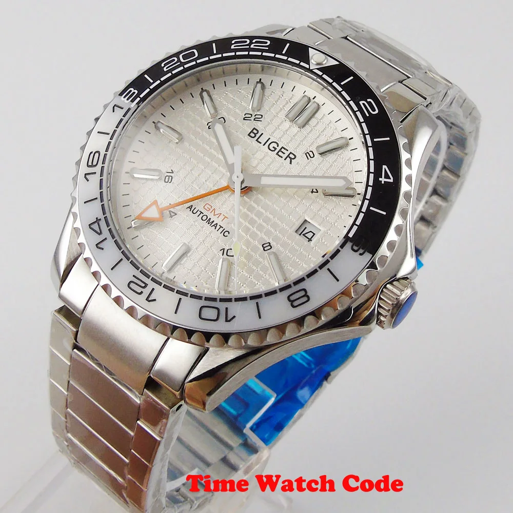 

41mm BLIGER Automatic Mechanical Men's Wristwatch Silver Dial Sapphire Glass Date orange GMT Ceramic bezel Luminous hands marks