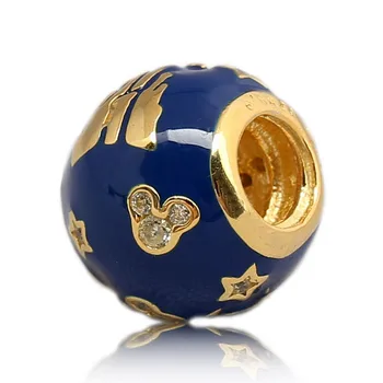 

New 925 Sterling Silver Bead Charm Blue Enamel Gold Color Shanghai 1st Anniversary Castle Beads Fit Pandora Bracelet DIY Jewelry
