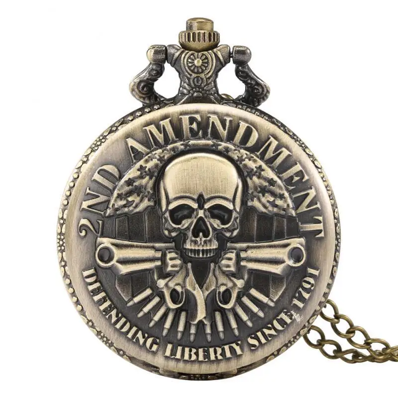 Antique Bronze Gun Skull DEFENDING LIBERTY SINCE 1791 2nd AMENDMENT MILITARY Quartz Necklace Pocket Watch Pendant Gifts for Men | Наручные