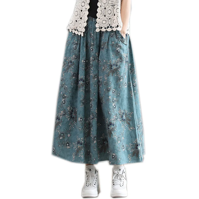 Фото Женская льняная хлопковая юбка средней длины с большим свободным принтом
