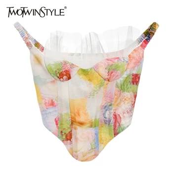 TWOTWINSTYLE Vinage Print Women Vest Square Collar Staghetti Strap Patchwork Mesh Ruffles Hit Color Camis For Female Fashion New
TWOTWINSTYLE Vinage Print Women Vest Square Collar Staghetti Strap Patchwork Mesh Ruffles Hit Color Camis For Female Fashion New