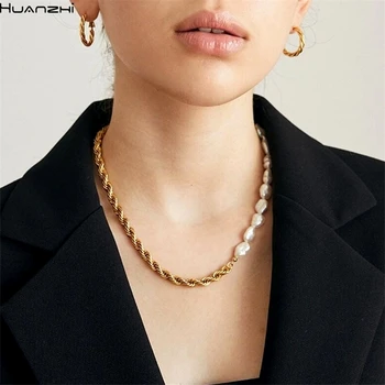 HUANZHI 2020 New Natural Freshwater Irregular Pearls Stitching Golden Twist Chain Choker Necklace for Women Fashion Jewelry
HUANZHI 2020 New Natural Freshwater Irregular Pearls Stitching Golden Twist Chain Choker Necklace for Women Fashion Jewelry