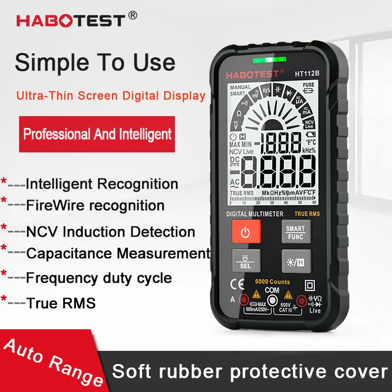 Auto Range Smart Digital Multimeter Testers HT112 Phone type 6000 Counts NCV With TRUE RMS Backlight Flashlight For A Beginner
Auto Range Smart Digital Multimeter Testers HT112 Phone type 6000 Counts NCV With TRUE RMS Backlight Flashlight For A Beginner