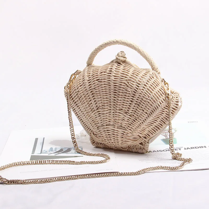 

Shell-shaped Chain Small Messenger Bag Rattan Woven Ins Shoulder Portable Beach Vacation Straw Bag