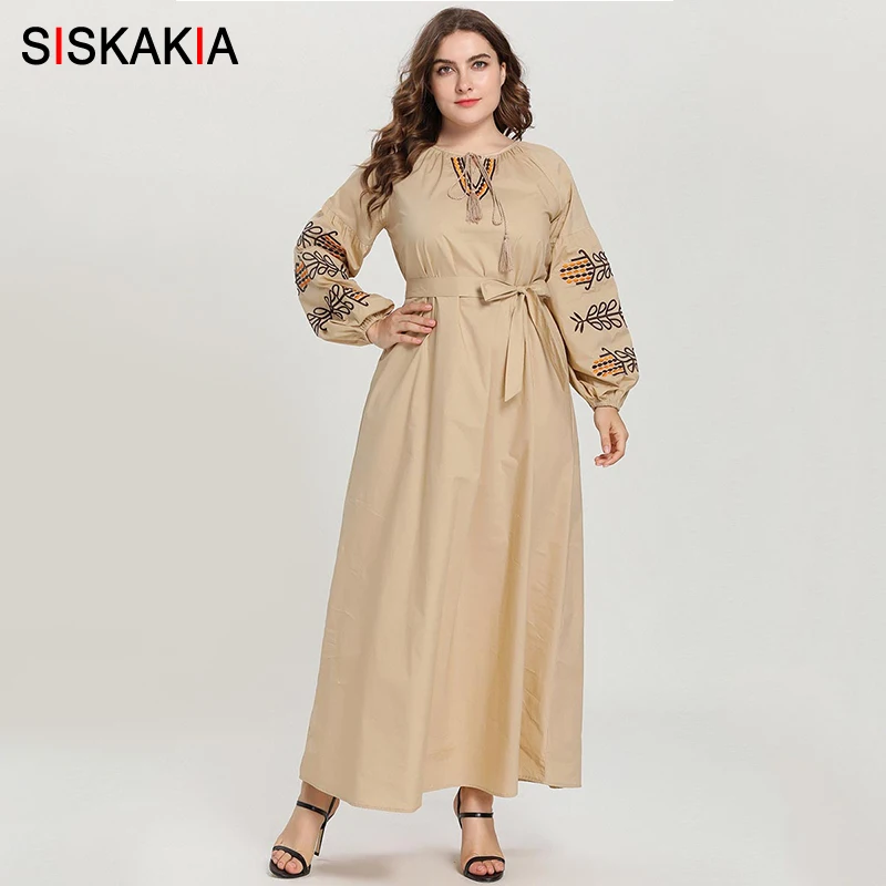 

Siskakia Elegant Women Long Dress Chic Floral Embroidery Plus Size Dresses Khaki Muslim Arabian Clothes Autumn 2019 Slim Sash