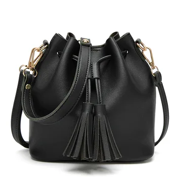 Mini Bucket Bag Leather Shoulder Crossbody Bag Tassel Drawstring Purse for Women,Black 
Mini Bucket Bag Leather Shoulder Crossbody Bag Tassel Drawstring Purse for Women,Black