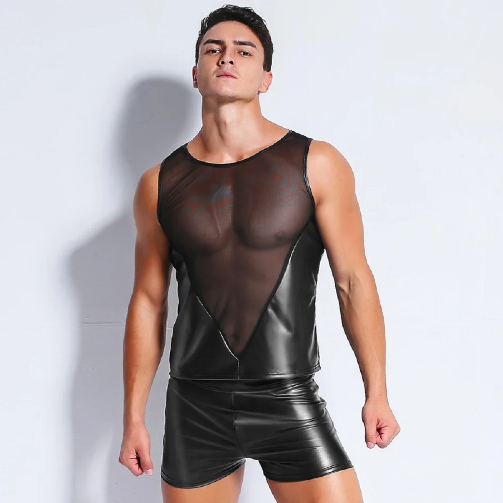 Mens Leather Lingerie Set PU Wetlook See Through Undershirt with Vinyl Boxers Trunks Fitness Shirt Faux Leather Black Underwear
Mens Leather Lingerie Set PU Wetlook See Through Undershirt with Vinyl Boxers Trunks Fitness Shirt Faux Leather Black Underwear