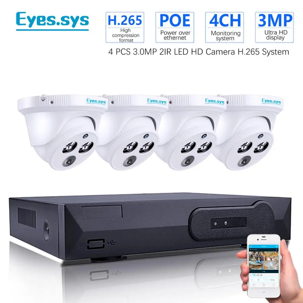 Eyessys H.265 4 шт. 3.0MP 2048*1520P ИК наружная IP камера ночного видения CCTV POE HDMI NVR P2P система