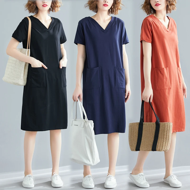 Female Summer Cotton Casual Plus Size Midi Korean Loose T Shirt Dress Women Clothes Vestidos Mujer KJ4202 | Женская одежда