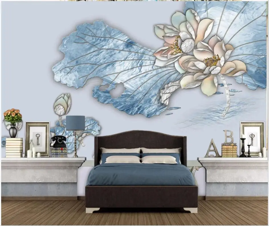 

Custom photo 3d wallpaper Light luxury enamel blue lotus background living room decor 3d wall murals wallpaper for walls 3 d