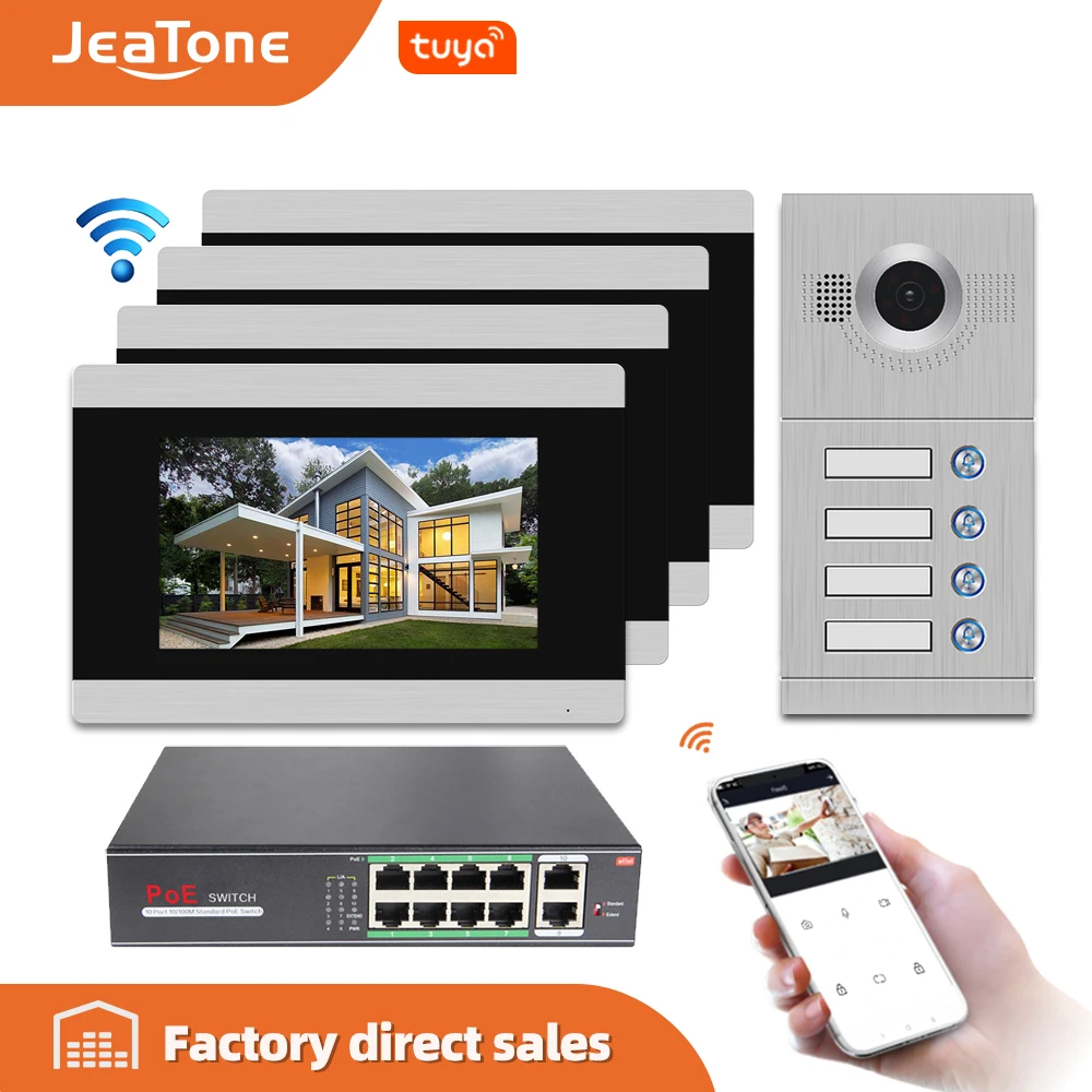 Jeatone 7-дюймовый сенсорный экран WIFI IP видео домофон для 4 отдельных квартир
