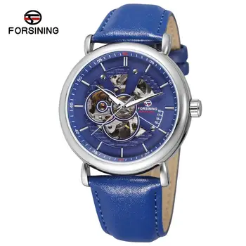 

Forsining Hot Selling Cheap Leather Strap Relojes Hombre Skeleton Automatic Mechanical Men Watches Blue Transparent Case Clock