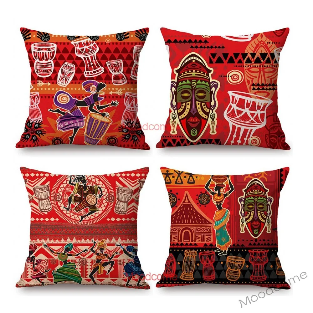 

Dancing African Woman Cartoon Art Red Cheerful Theme Sofa Decoration Pillow Cover Cotton Linen Africa Tribal Art Cushion Cover