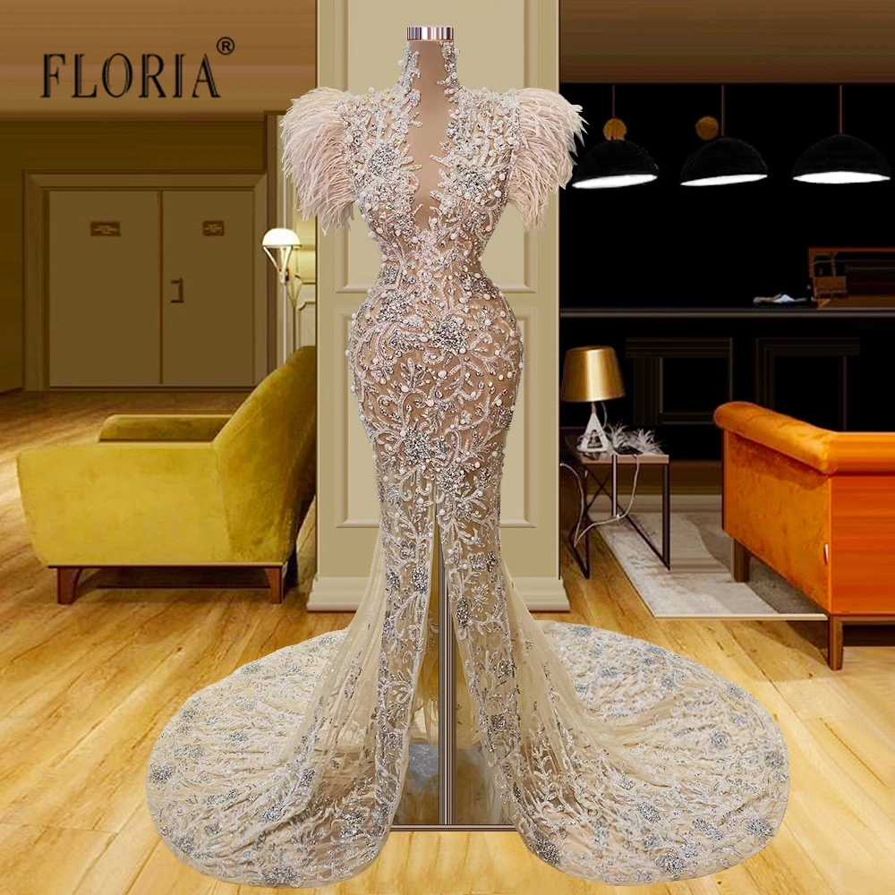 Luxury Light Champagne Feather Evening Dress Dubai Full Beaded Sparkly Wedding Party Dress Arabic Front Slit Formal Prom Gowns
Luxury Light Champagne Feather Evening Dress Dubai Full Beaded Sparkly Wedding Party Dress Arabic Front Slit Formal Prom Gowns
