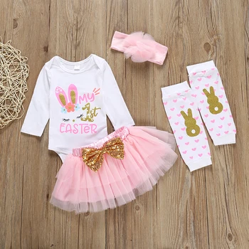 

Pudcoco Newborn Baby Girl Clothes My 1st Easter Print Long Sleeve Romper Tops Tutu Tulle Skirt Headband Leg Warmers 4Pcs Outfits