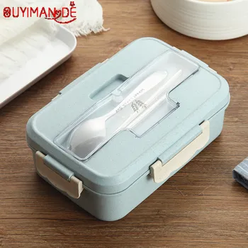 1000ml Wheat Straw Lunch Box With Spoon Healthy Material Bento Boxes Microwave Dinnerware Food Storage Container Lunchbox