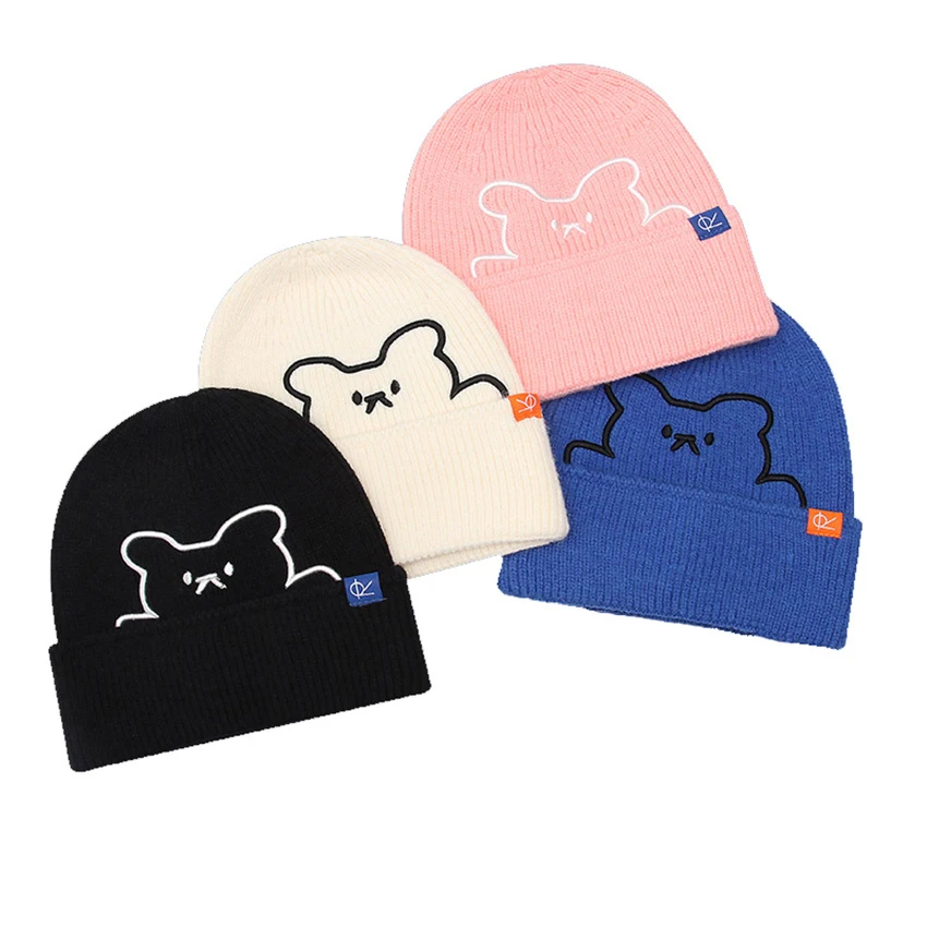 

Unisex Winter Autumn Keep Warm Lovely Hidden Bear Embroidery Beanies Hat for Women Outdoor Windproof Elasticity Cold Cap W149