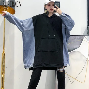 SuperAen Europe Hoody Wild Casual Sweatshirts Female Loose Pluz Size Stitching Denim Hooded Sweatshirts Women New 2019 Autumn
SuperAen Europe Hoody Wild Casual Sweatshirts Female Loose Pluz Size Stitching Denim Hooded Sweatshirts Women New 2019 Autumn