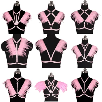 Pink Lingerie Feather Sexy Body Harness Bra Shoulder Strap Top Plus Size Punk Gothic Epaulets Open Cage Chest Pole Dance Party 
Pink Lingerie Feather Sexy Body Harness Bra Shoulder Strap Top Plus Size Punk Gothic Epaulets Open Cage Chest Pole Dance Party