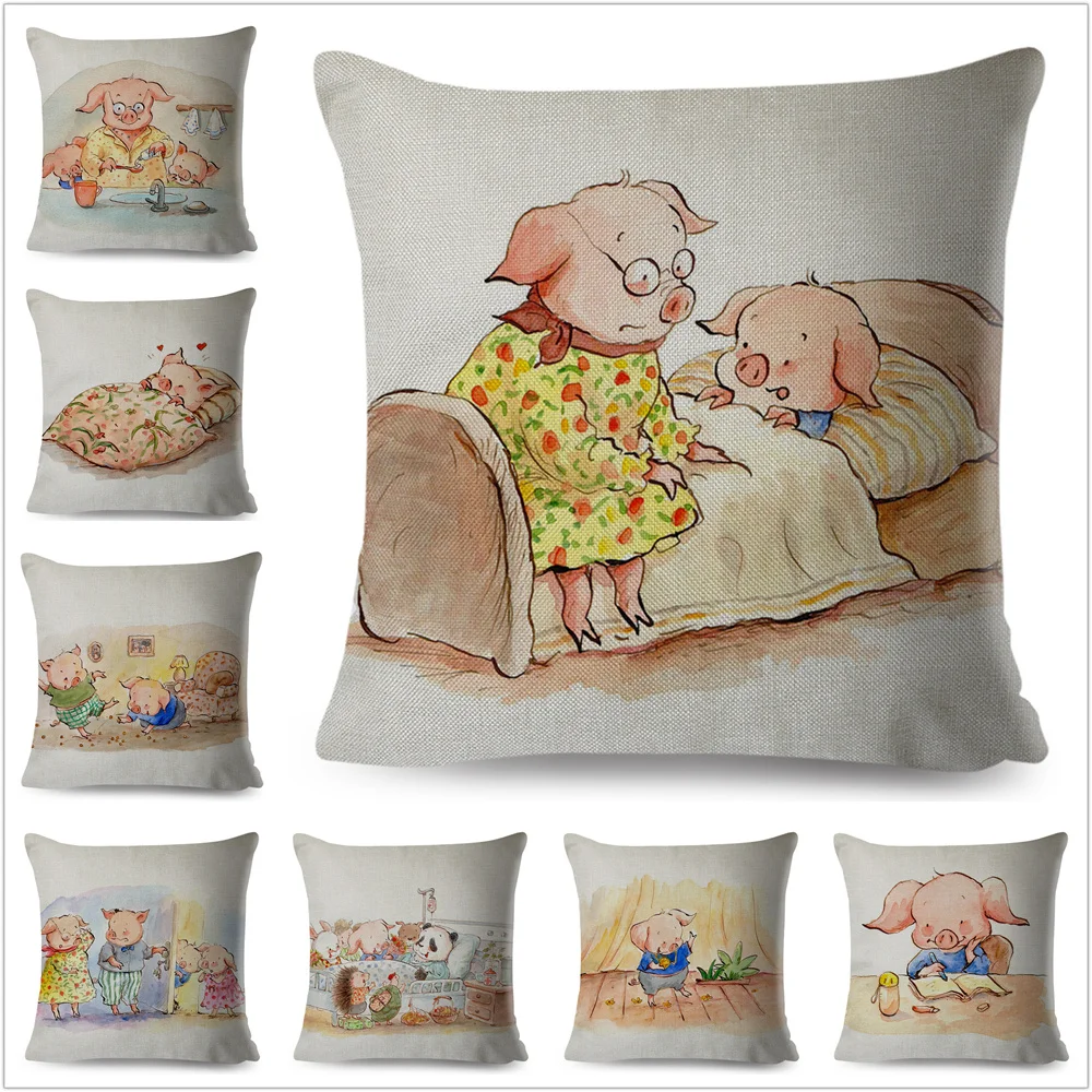 

Watercolor Cute Cartoon Pig Cushion Cover Decor Children Story Animal Pillowcase Polyester Pillow Case for Sofa Home Car 45x45cm